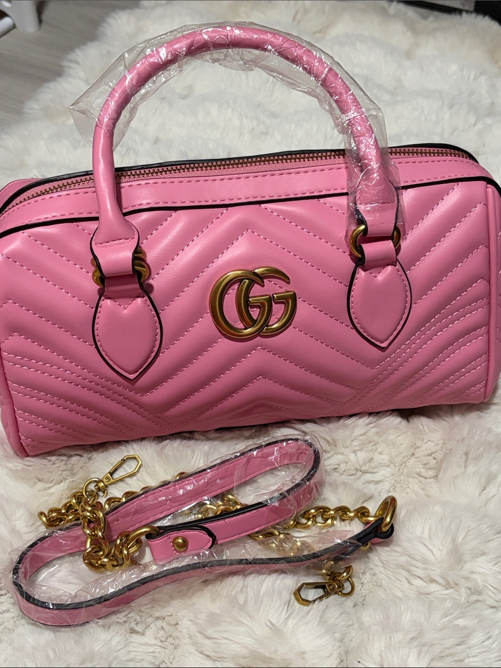 Pink Chevron Quilted Top-Handle Satchel with Gold Double-G Accent